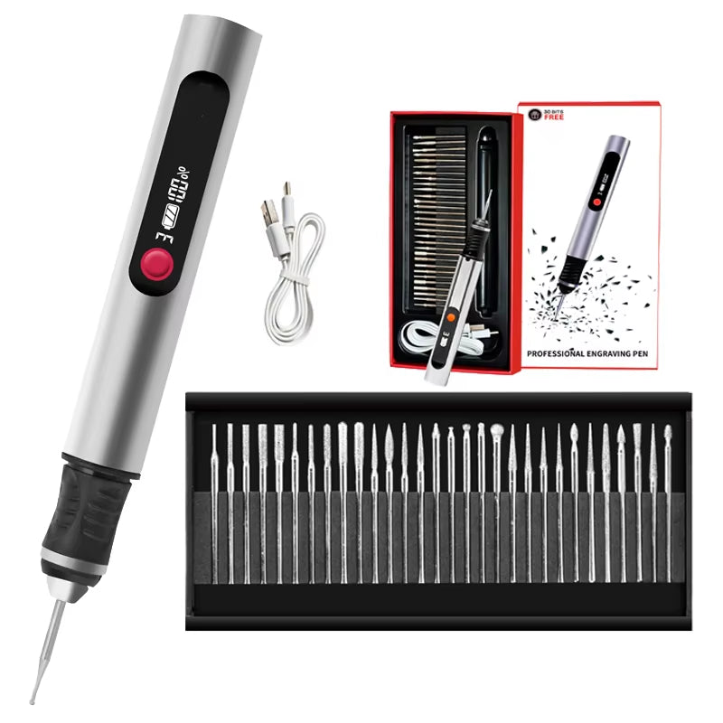 32PCS Multifunctional Electric Engraving Pen Kit USB Cordless Electric Polisher Lithium Battery Carving Pen for Metal Glass Nail